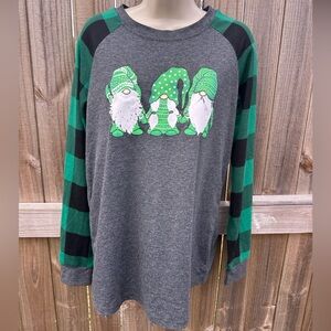 Festive Gnome Graphic Long Sleeve Shirt with Buffalo Plaid Sleeves - Size M